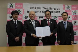 上尾市長、伊奈町長が合意書を持って握手