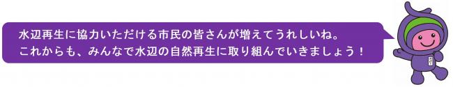 アッピーのメッセージ「水辺再生に協力いただける市民の皆さんが増えてうれしいね。これからも、みんなで水辺の自然再生に取り組んでいきましょう！」